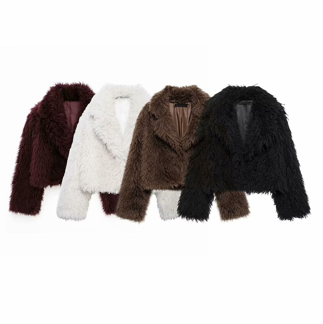 Damen Kurz geschnittene Teddy-Faux-Felljacke mit weitem Reverskragen und soften Flor Nord Taschen
