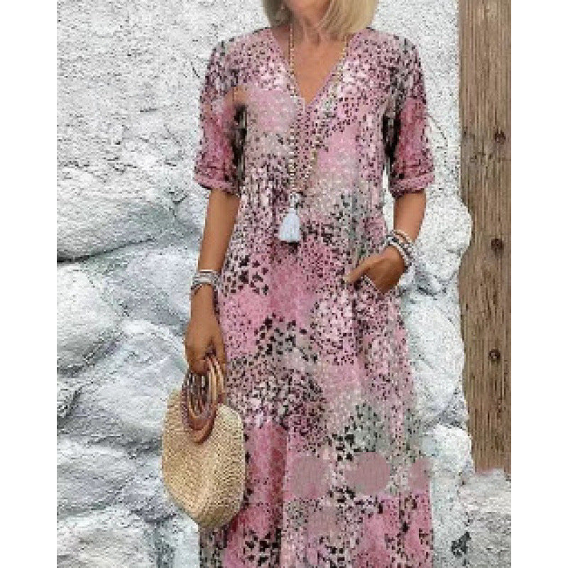 Damen Strandkleid im lässigen Stil mit Taschen und V-Ausschnitt