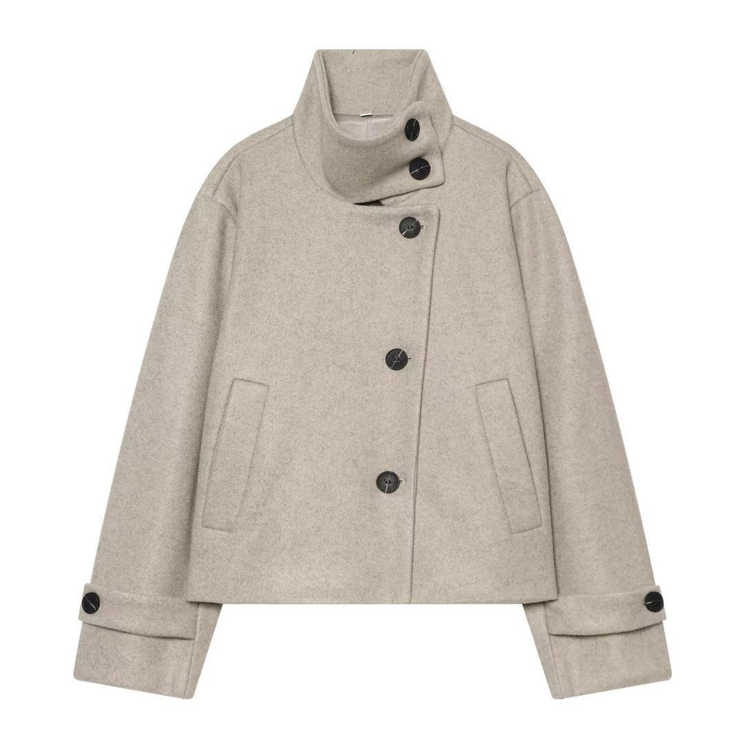 Damen Cropped Wollblouson‑Mantel mit hohem Stehkragen und Knopfblende Nord Taschen