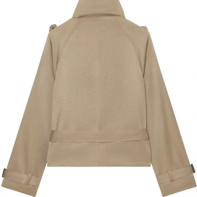 Damen Kurz geschnittener Trenchblouson mit hohem Stehkragen und Taillengürtel Nord Taschen