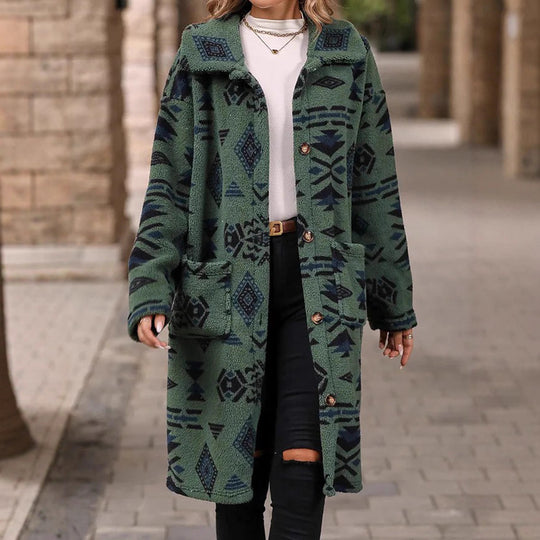Damen Teddy-Mantel mit Aztekenmuster, Knopfleiste und aufgesetzten Taschen Nord Taschen