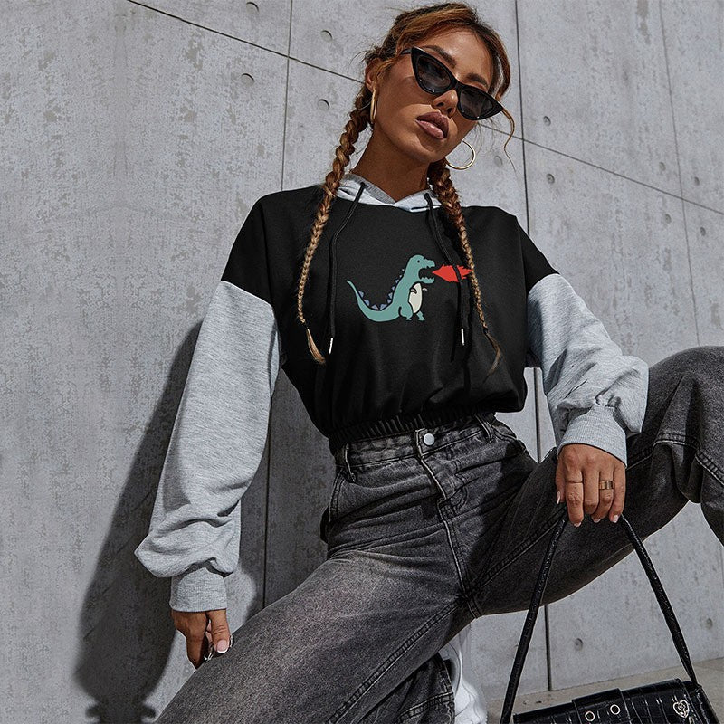 Damen Kurz geschnittener Colorblock-Kapuzenpullover mit Tunnelzug, elastischem Saum und Print Nord Taschen
