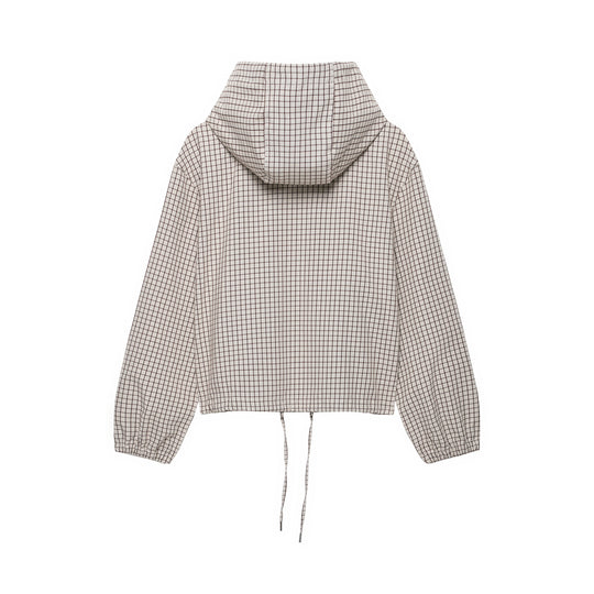 Damen Kariertes Cropped-Blouson mit Kapuze, Tunnelzug und Reißverschluss Nord Taschen