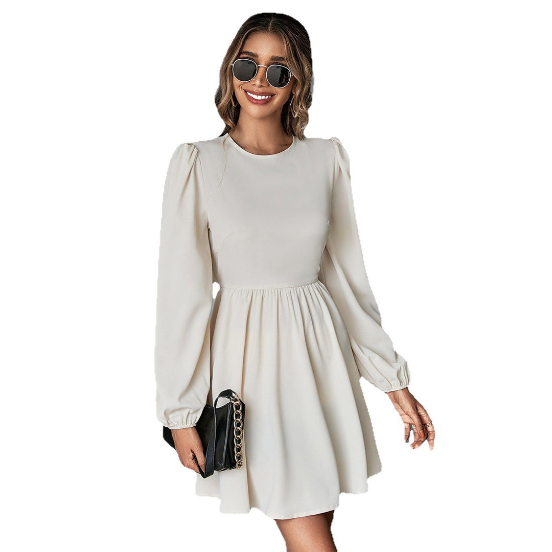 Damen schickes Cocktailkleid mit geraffter Taille, langen Ballonärmeln und rundem Ausschnitt Nord Taschen