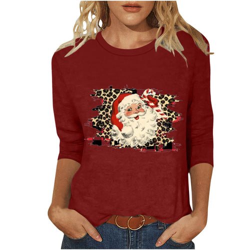 Damen nan lässiges Sweatshirt mit Retro-Weihnachtsmann-Print, Leoparden- und Karomuster und dreiviertelärmel Nord Taschen