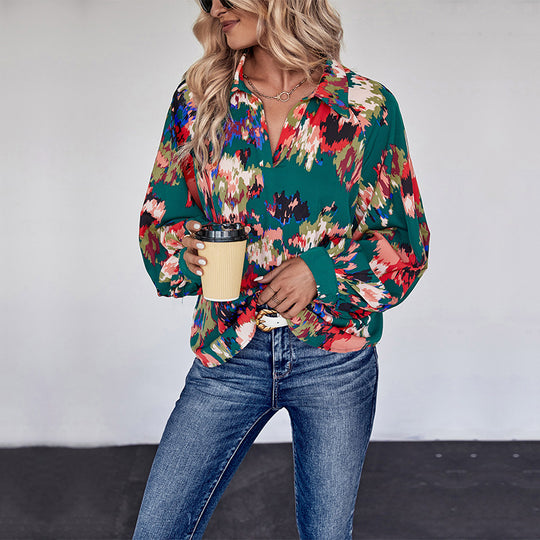 Damen Weites Blusenshirt mit Hemdkragen, abstraktem Print und Ballonärmeln Nord Taschen