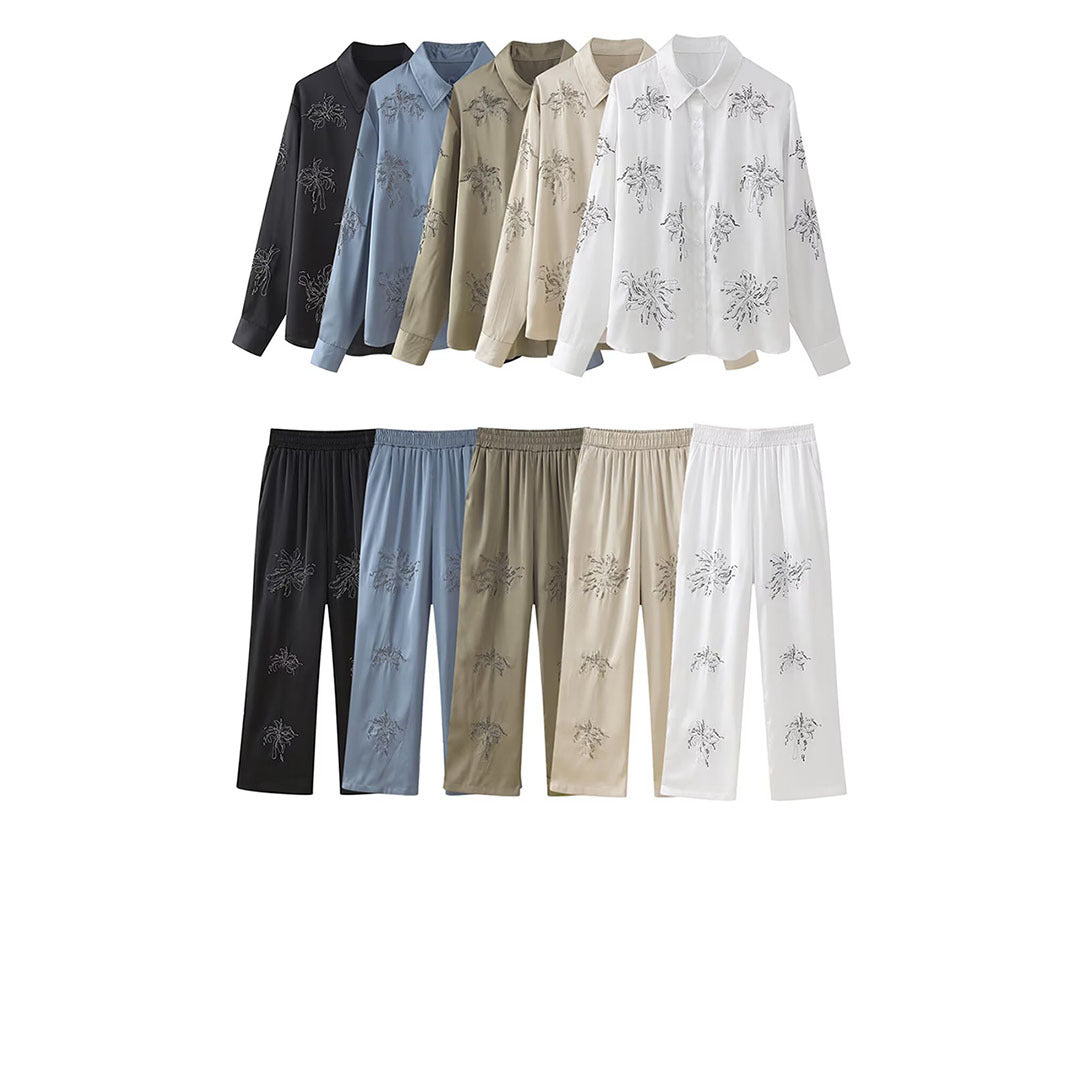 Damen Elegante Satinhose im Palazzo‑Schnitt mit elastischem Umschlagbund und floraler Zierstickerei Nord Taschen