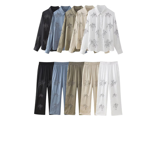 Damen Elegante Satinhose im Palazzo‑Schnitt mit elastischem Umschlagbund und floraler Zierstickerei Nord Taschen