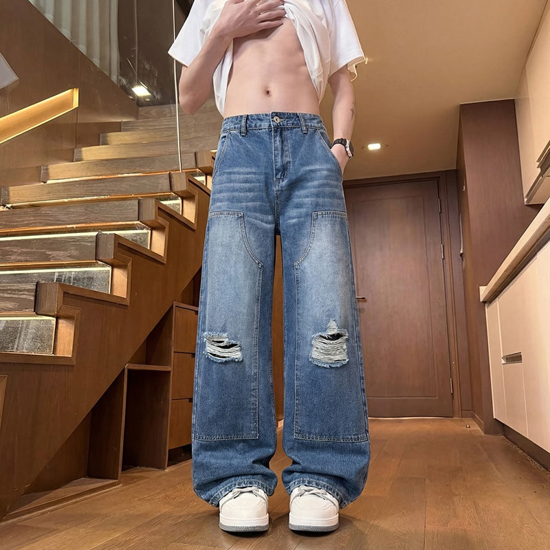 Herren Weite Baggy-Jeans mit Used‑Wash, Knie‑Rips & Utility‑Nähten Nord Taschen