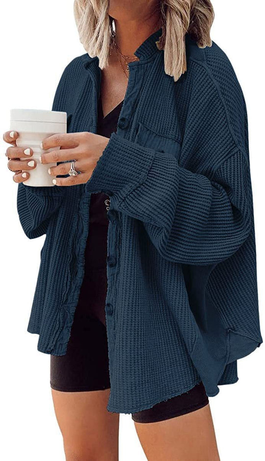 Damen Waffelstrick-Overshirt mit Knopfleiste und Brusttasche Nord Taschen