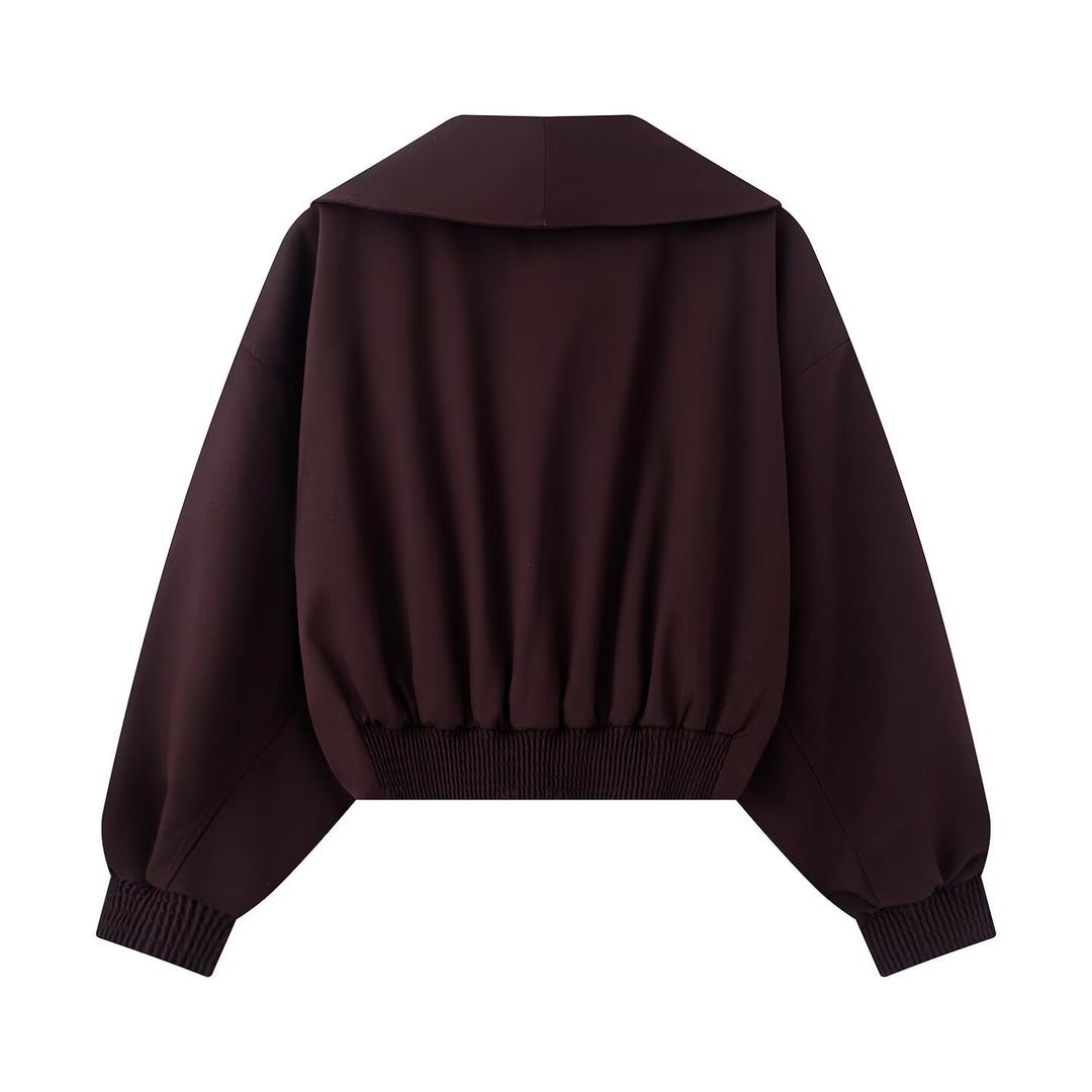 Damen Kurze Oversized Jacke mit breitem Schalkragen, Ballonärmeln und Taillenriegel Nord Taschen