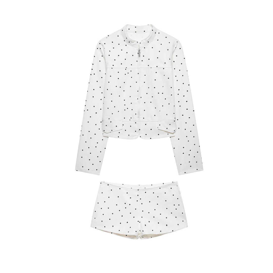 Damen Gepunktete Kurzjacke mit Stehkragen, Reißverschluss und Pattentaschen Nord Taschen