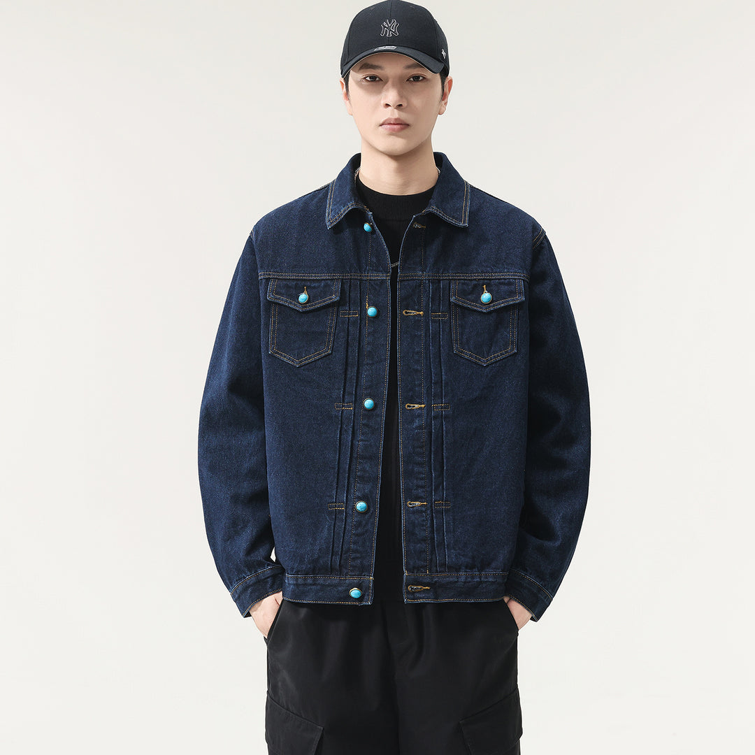 Herren Oversize Denimjacke mit Zierdruckknöpfen und Kastenform Nord Taschen