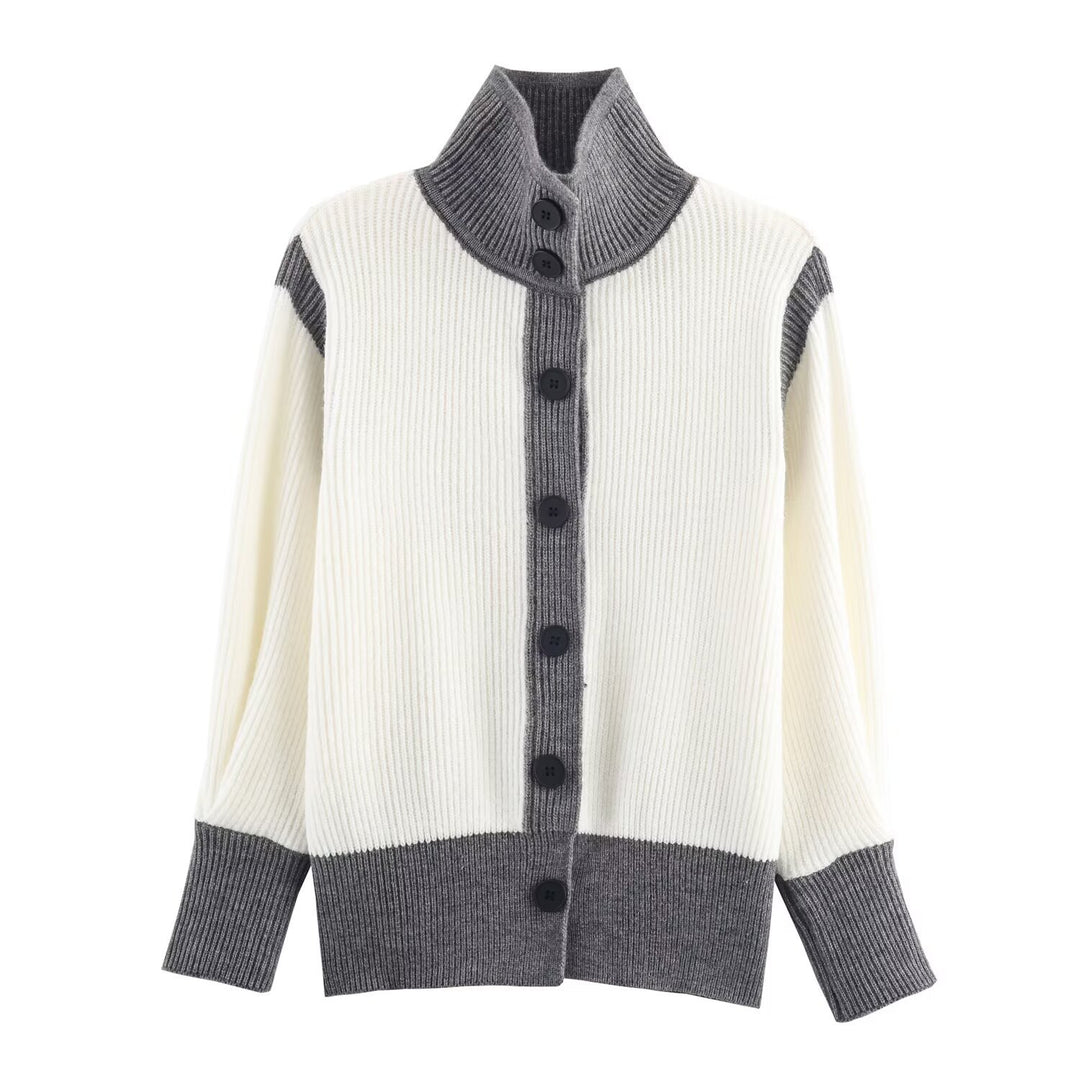 Damen Oversize Rippstrick-Cardigan mit hohem Kragen, Kontrastblende und Knopfleiste Nord Taschen