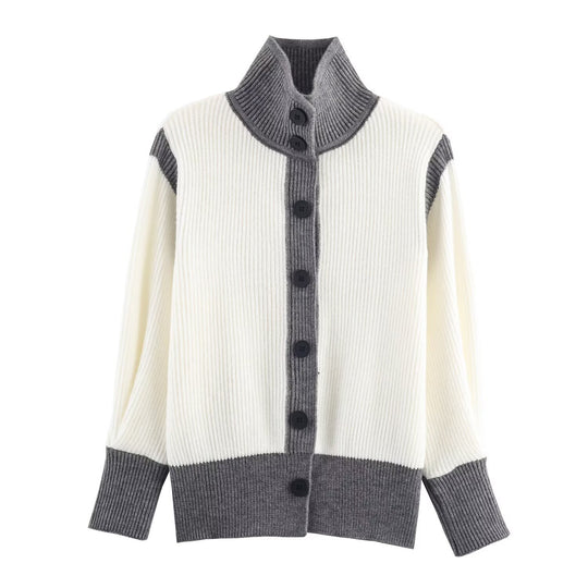 Damen Oversize Rippstrick-Cardigan mit hohem Kragen, Kontrastblende und Knopfleiste Nord Taschen