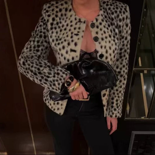 Damen Kurze Kunstfelljacke mit Leopardenmuster und Rundhalsausschnitt Nord Taschen