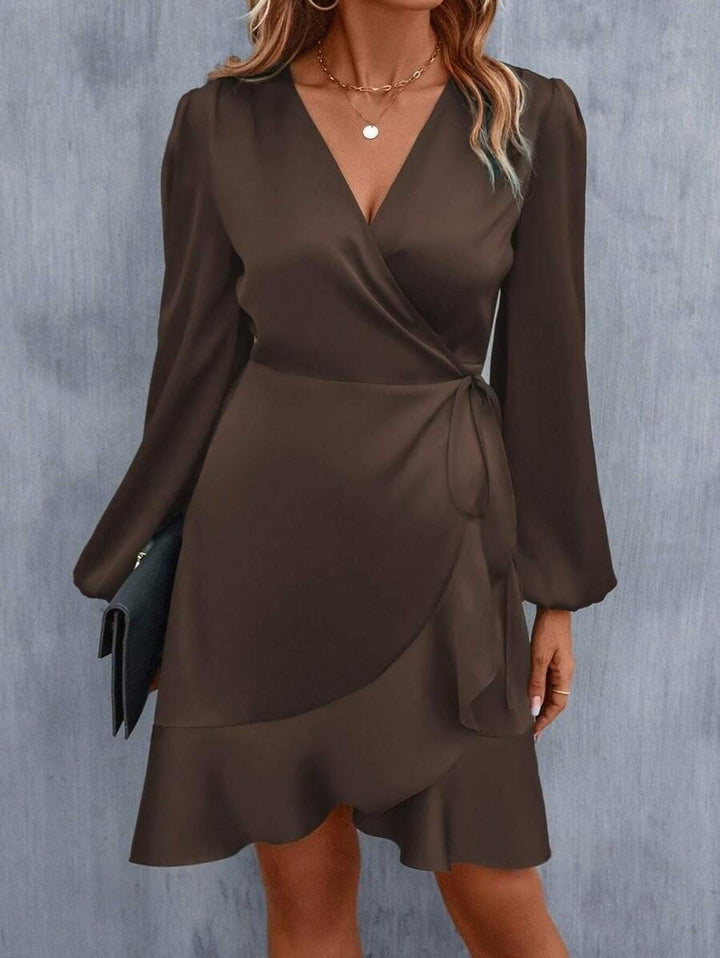 V-Ausschnitt Kleid Satin Taille Eng Niedrig Ausschnitt Lässig Midi Kleid Süß Frauen Kleidung