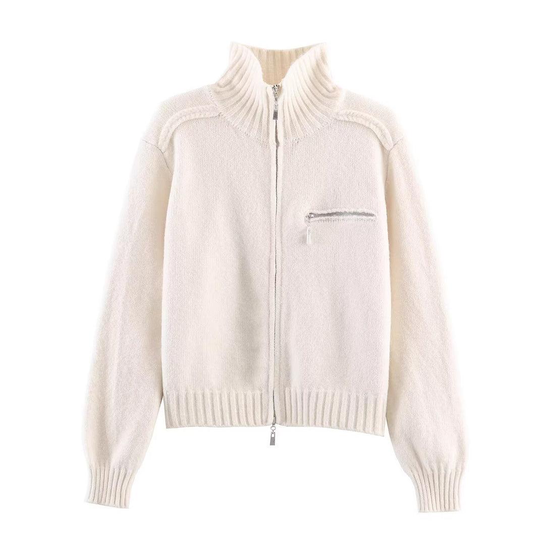 Damen Grobgestrickte Reißverschluss‑Strickjacke mit hohem Rippkragen und Brusttasche Nord Taschen
