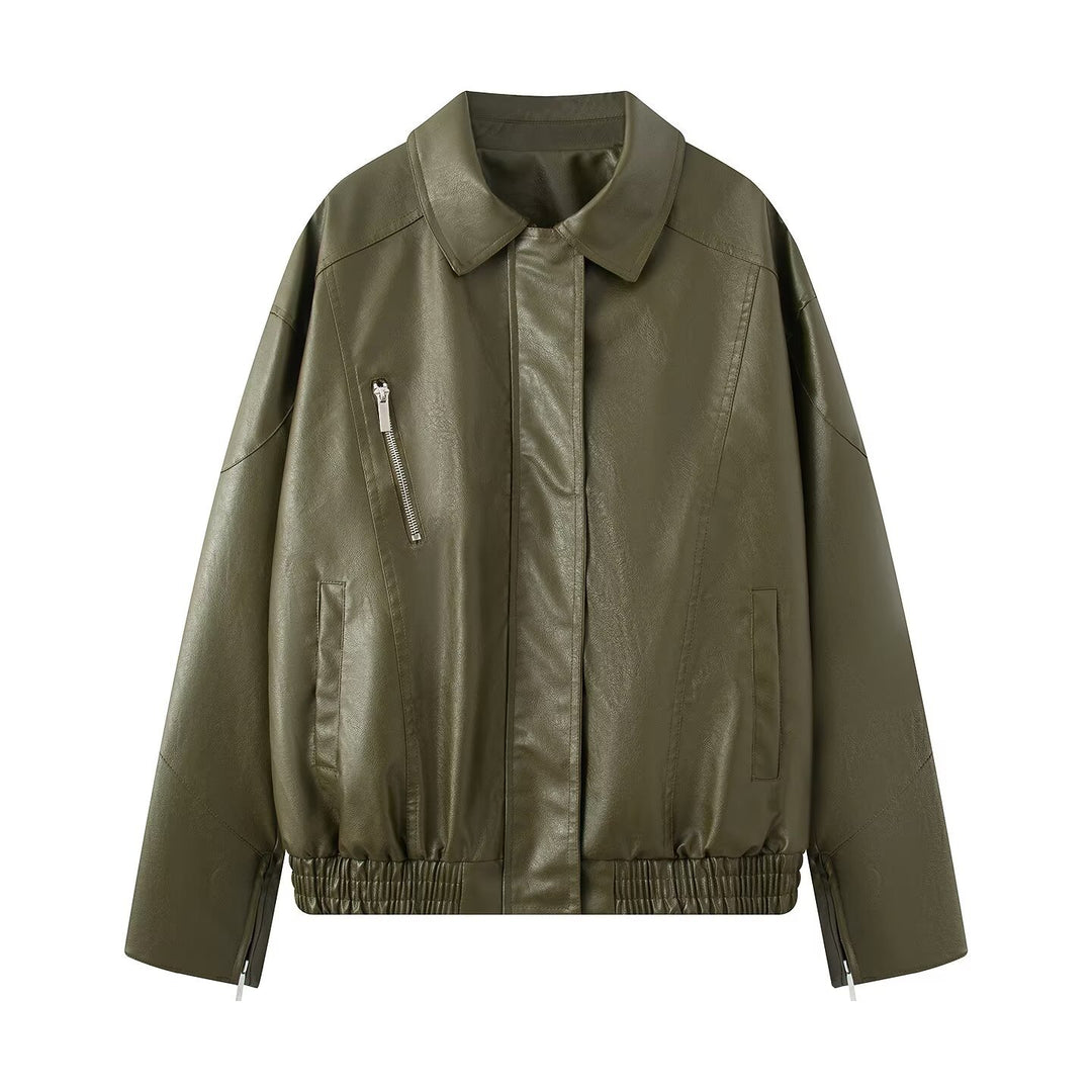 Damen Oversized Kunstleder-Bomberjacke mit elastischem Saum, verdeckter Druckknopfleiste und schräger Reißverschlusstasche Nord Taschen