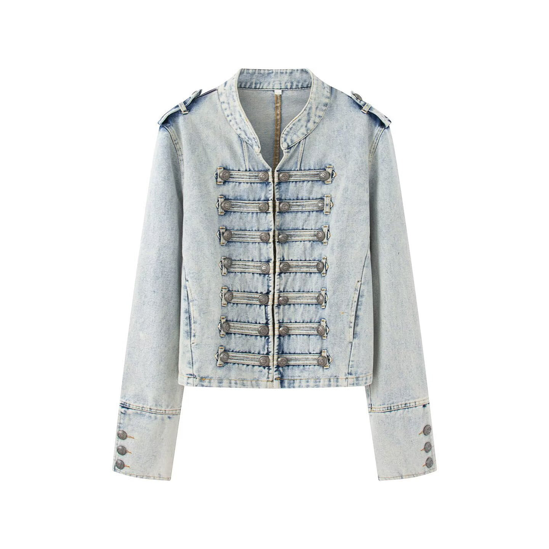 Damen Jeansjacke im Military-Stil mit dekorativer Zierknopfleiste Nord Taschen
