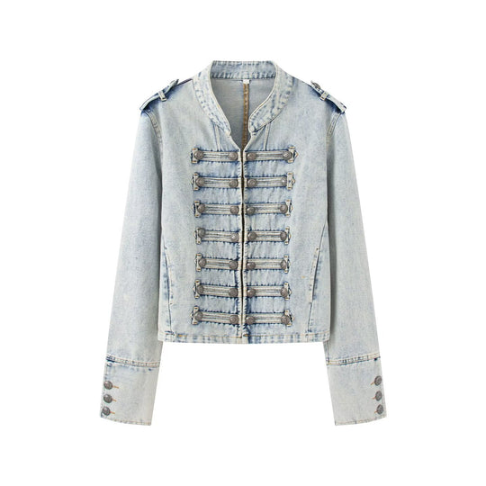 Damen Jeansjacke im Military-Stil mit dekorativer Zierknopfleiste Nord Taschen
