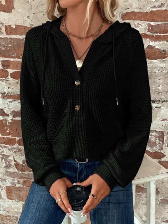 Damen Waffelstrick-Hoodie mit halber Knopfleiste und Kapuze Nord Taschen