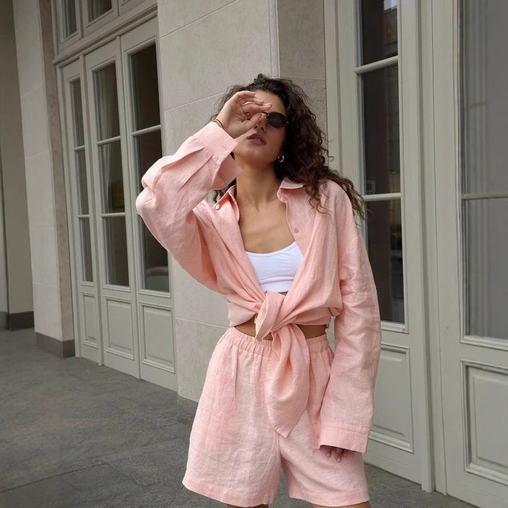Damen lässiges Leinen Set mit lockerer Bluse und Shorts