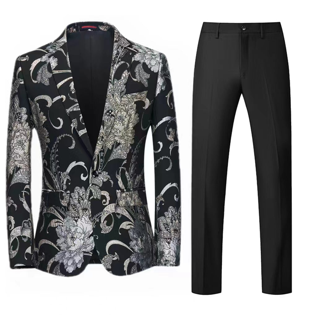 Damen Zweiteiliges Satin-Jacquard-Sakko mit floralem Muster und taillierter Passform sowie Slim-Fit Anzughose Nord Taschen