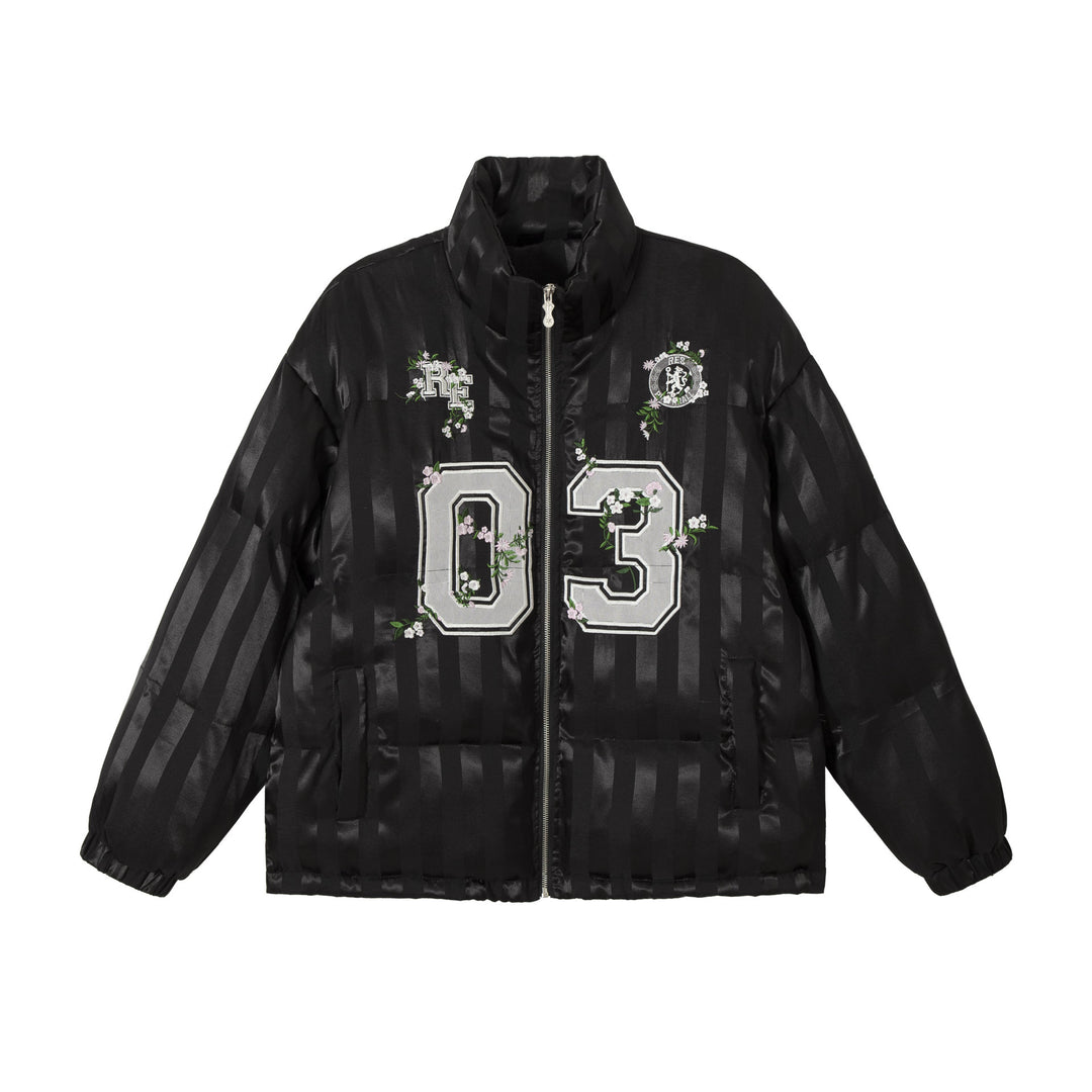 Damen Boxy gesteppte Satin‑Pufferjacke mit floralem Stickdetail Nord Taschen