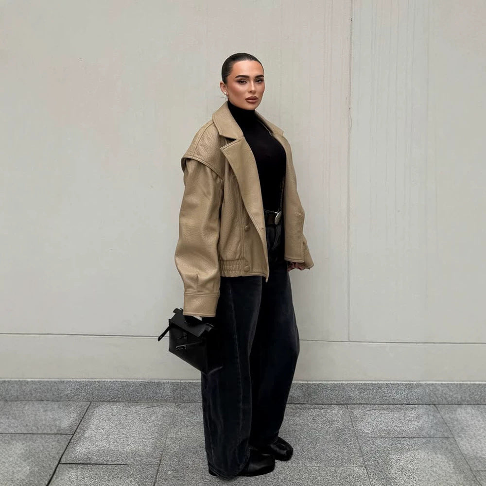 Damen Oversize-Lederimitat-Bomberjacke mit Boxy-Schnitt und weitem Revers Nord Taschen
