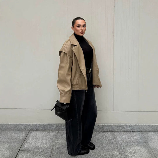 Damen Oversize-Lederimitat-Bomberjacke mit Boxy-Schnitt und weitem Revers Nord Taschen