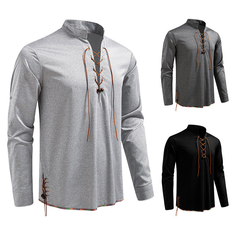 Herren Lässiges Baumwoll-Langarmshirt mit Schnürung, Stehkragen und aufkrempelbaren Ärmeln Nord Taschen