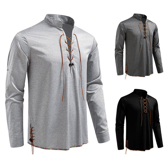 Herren Lässiges Baumwoll-Langarmshirt mit Schnürung, Stehkragen und aufkrempelbaren Ärmeln Nord Taschen
