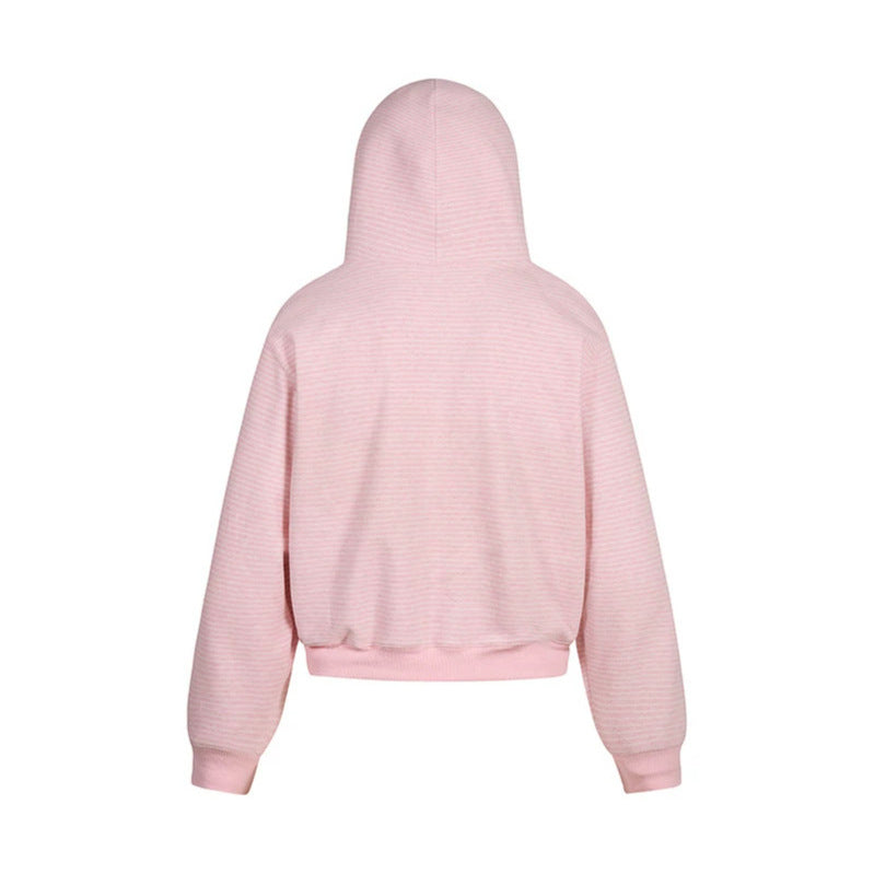 Damen Kurz geschnittene Kapuzen-Sweatjacke mit kurzem Bund, Streifenstruktur und Reißverschluss Nord Taschen