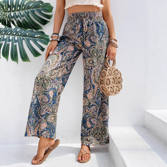 Damen Weite Sommerhose in Leinenoptik mit elastischem Bund und Paisley‑Print Nord Taschen