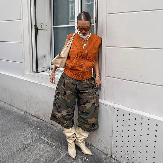 Damen Ärmellose Utility‑Weste mit Reißverschluss, Fronttaschen und Schnallen Nord Taschen