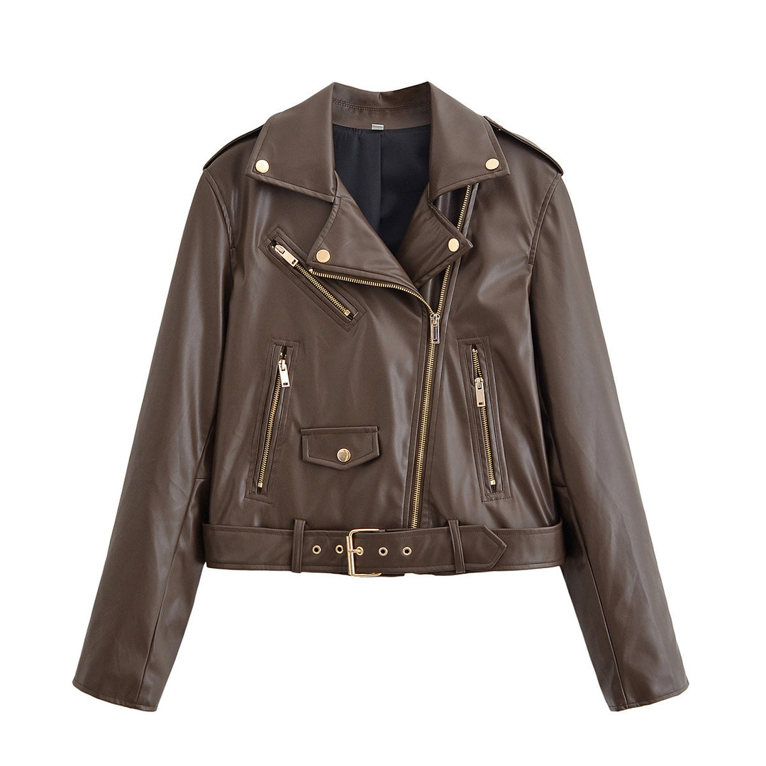 Damen Bikerjacke aus Lederimitat mit asymmetrischem Reißverschluss, Taillengürtel und goldfarbenen Details Nord Taschen