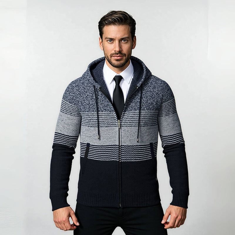 Herren Kapuzen-Strickzipjacke mit farbverlaufendem Blockstreifenmuster und thermischer Struktur Nord Taschen