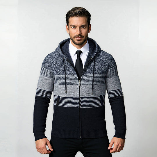 Herren Kapuzen-Strickzipjacke mit farbverlaufendem Blockstreifenmuster und thermischer Struktur Nord Taschen