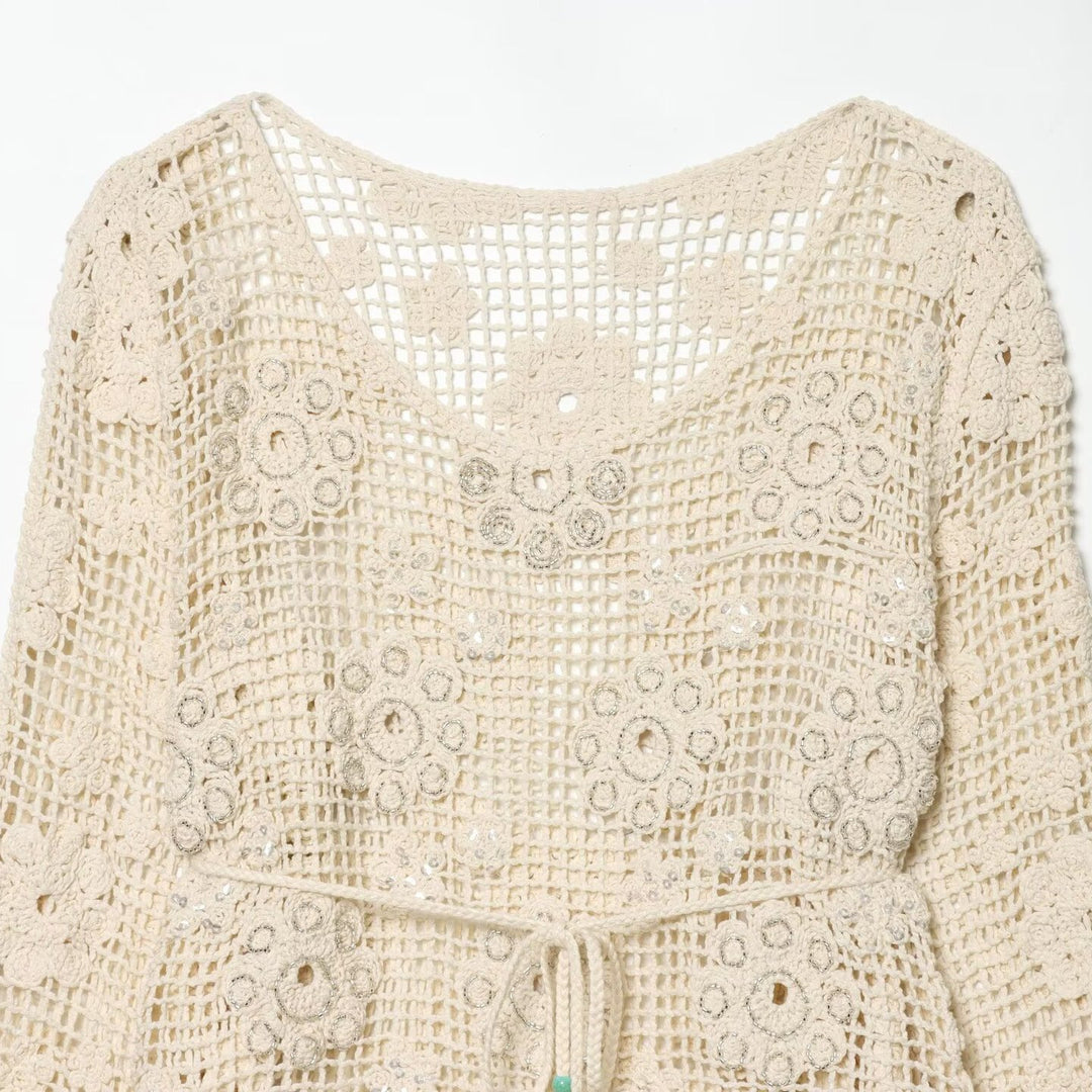 Damen Häkelpullover mit Blumen-Applikationen und Tunnelzug Nord Taschen