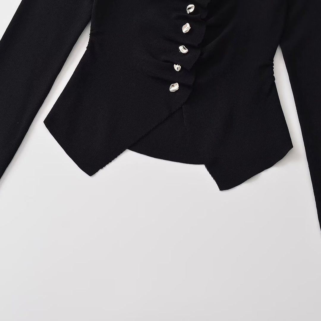 Damen Gerüschtes Langarm-Top mit asymmetrischem Schößchen und Zierknopfleiste Nord Taschen