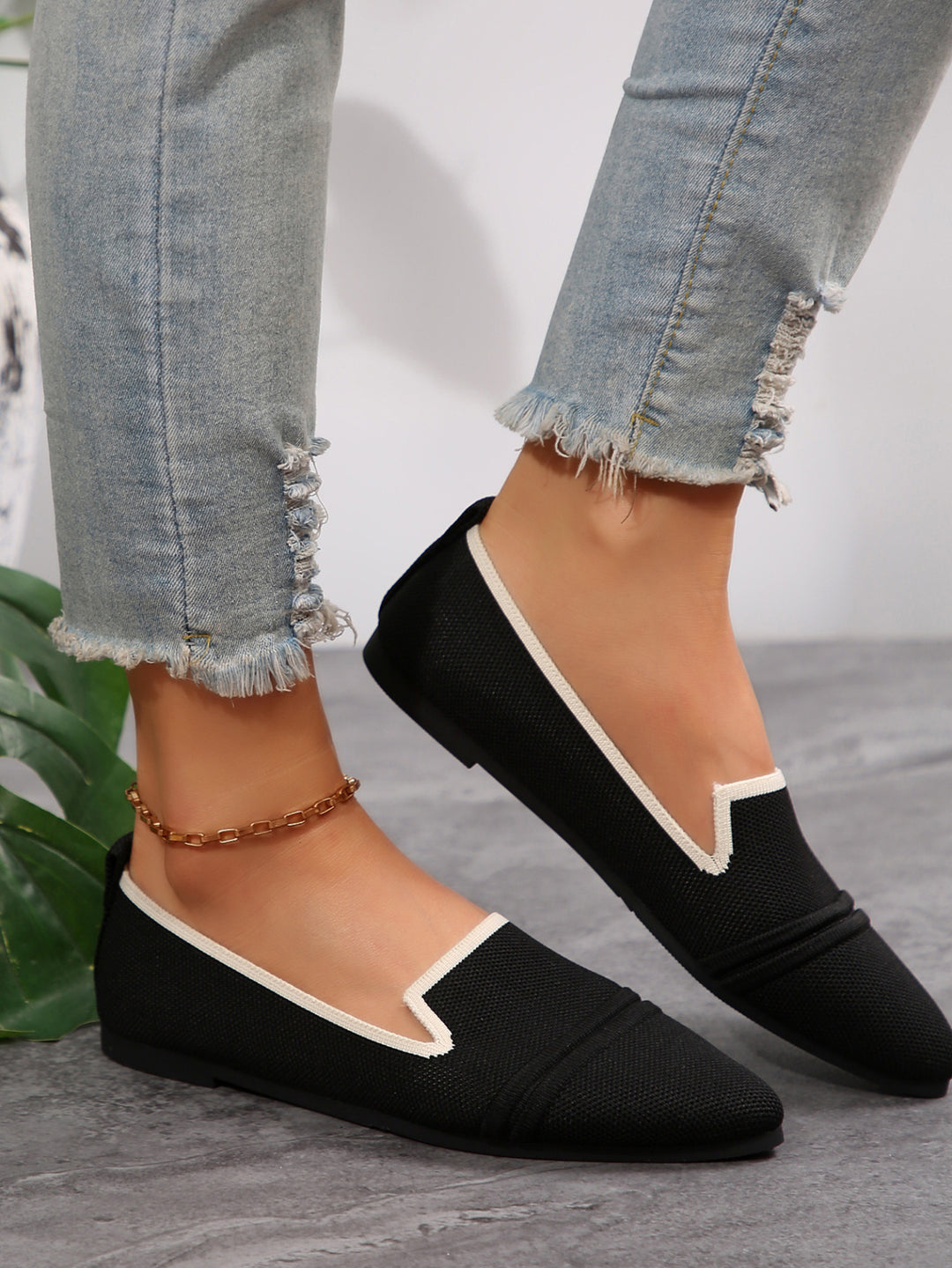 Damen  elegante flache Slipper-Loafer mit spitzer Zehenpartie Strickoptik und gepolsterter Innensohle Nord Taschen