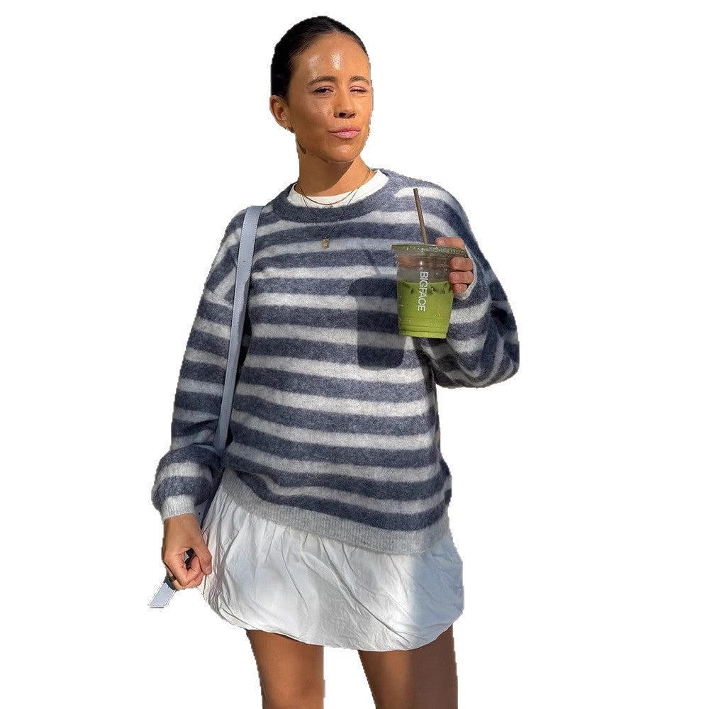 Damen Gestreifter Mohair-Mix Oversize-Pullover mit Ballonärmeln Nord Taschen