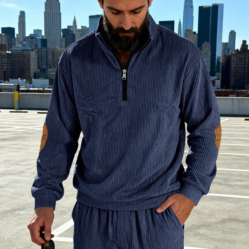 Herren Cord-Struktur-Halbzip-Pullover im Relaxed-Fit mit Stehkragen und Ellbogen-Patch Nord Taschen