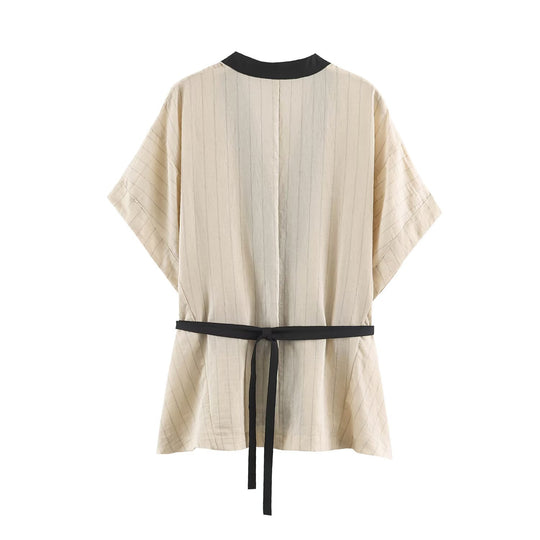 Damen Kimono-Wrap-Bluse mit Kontrastbesatz und Taillengürtel Nord Taschen