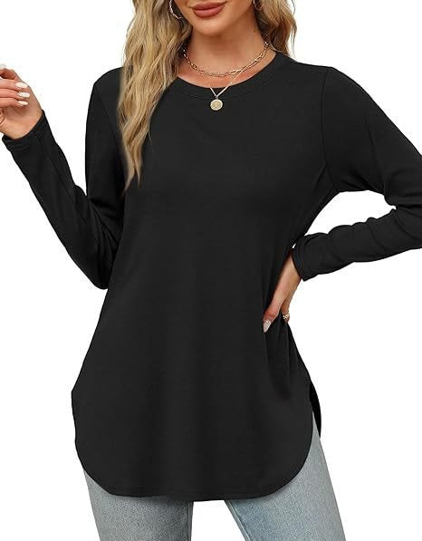 Damen Lässiges Longsleeve-Tunikaoberteil mit Rundhalsausschnitt, Seitenschlitzen und Aquarell-Blattprint Nord Taschen