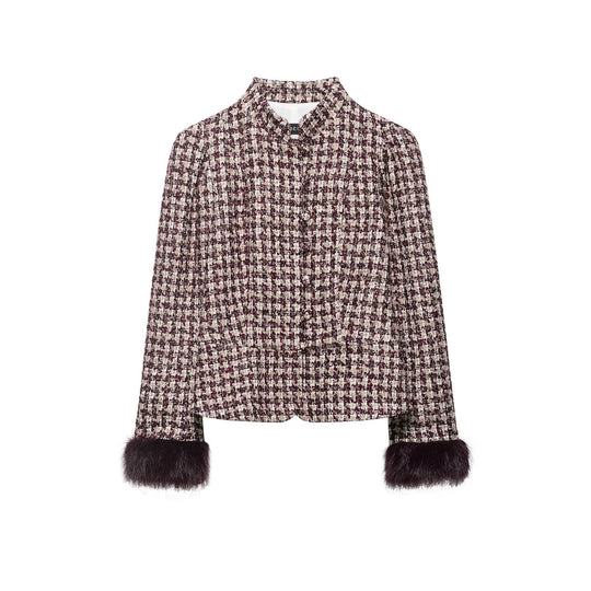 Damen Kurze Bouclé-Tweedjacke mit Stehkragen und Kunstpelzmanschetten Nord Taschen