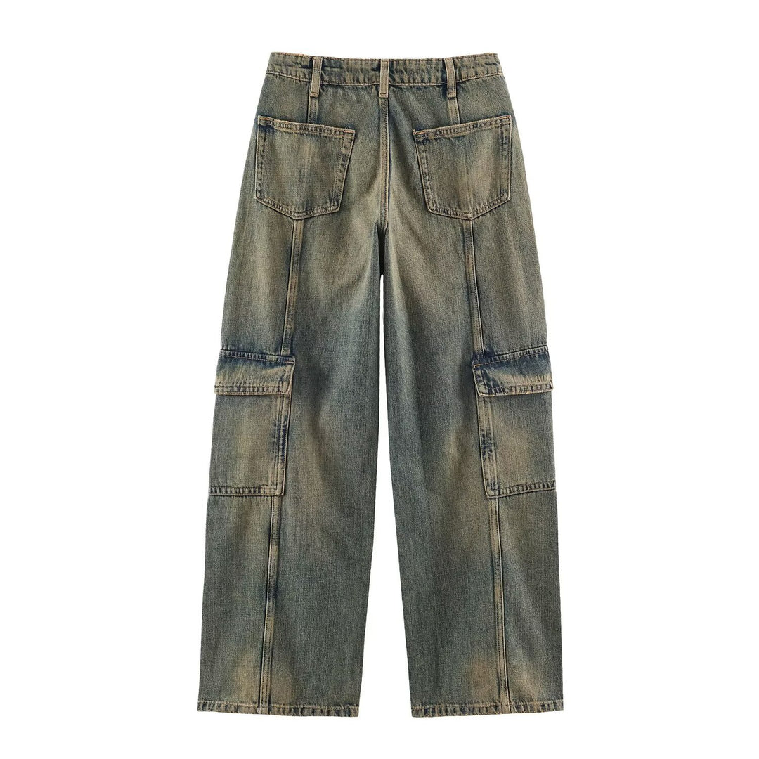 Damen Cargo-Jeans mit weitem Bein, hoher Taille und aufgesetzten Beintaschen Nord Taschen