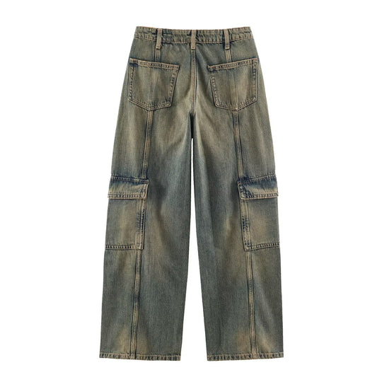 Damen Cargo-Jeans mit weitem Bein, hoher Taille und aufgesetzten Beintaschen Nord Taschen