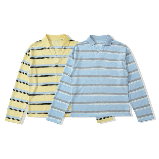 Herren Strick-Poloshirt mit offenem V‑Ausschnitt und feinem Streifenmuster Nord Taschen